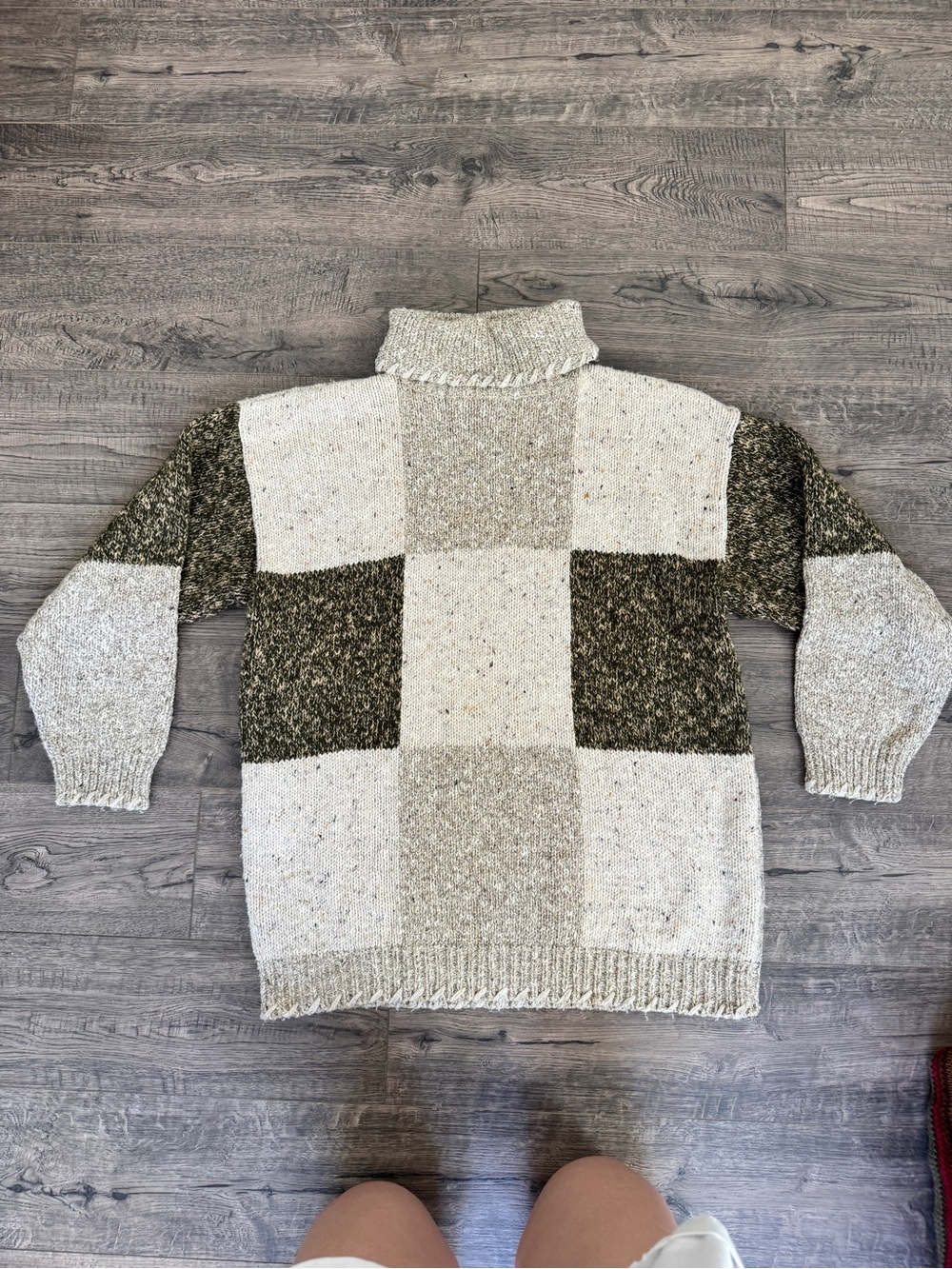 Patchwork Knit Cowl Neck Sweater in Cream and Olive - Picture 2 of 7